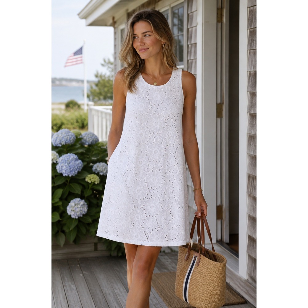 Sigrid Olsen White Floral Eyelet Cotton Sleeveless Shift Dress Womens Small